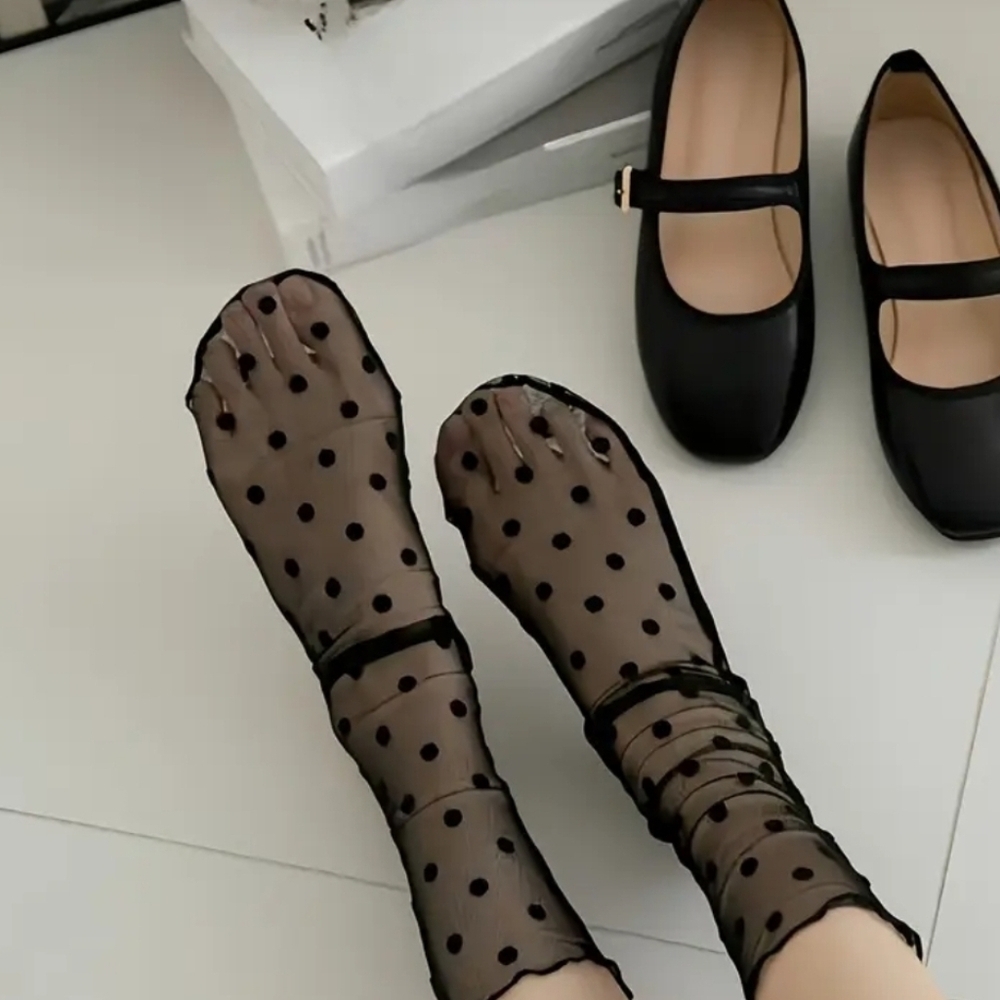 Elegant Black Sheer Polka-dot Mesh Mid-Calf/Ankle Socks with Back Seam - Picture 7 of 11